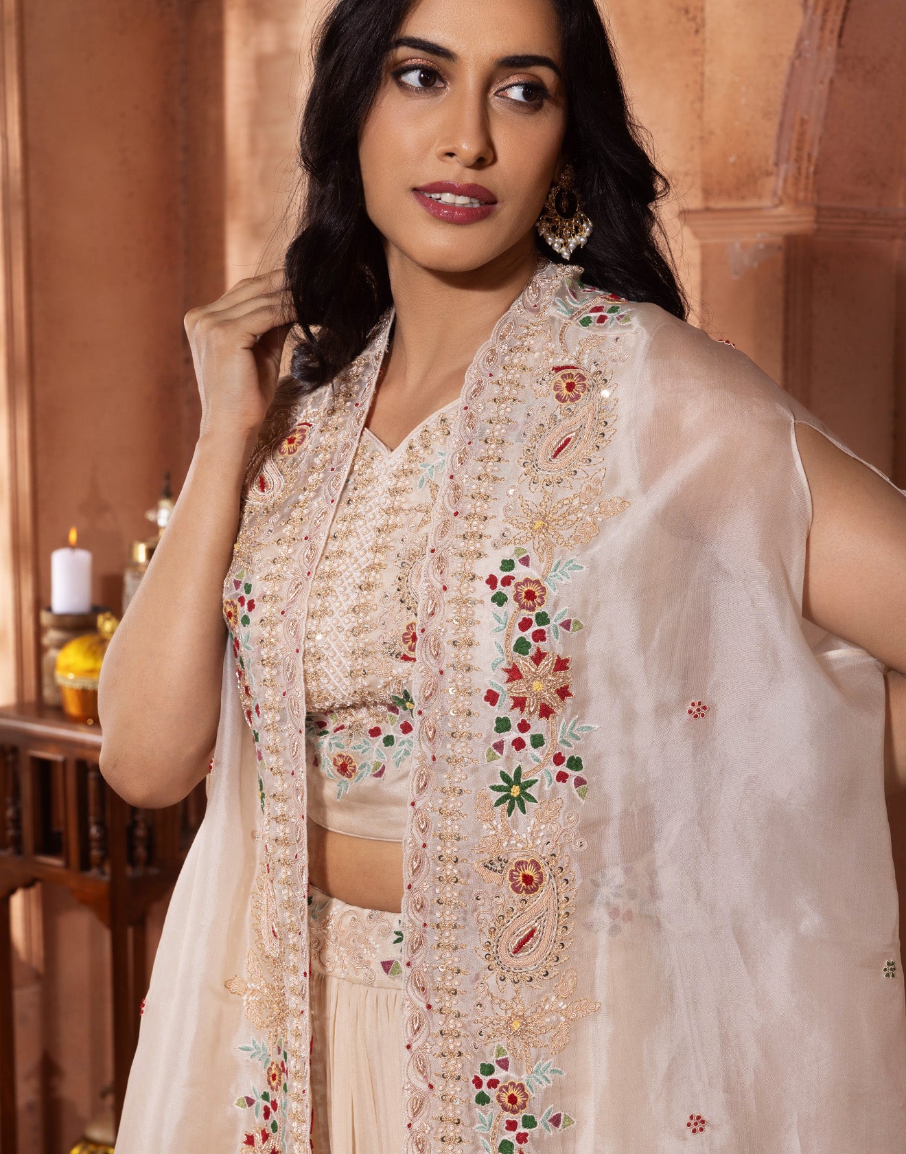 Chantilly White Embroidered Festive Fusion Set