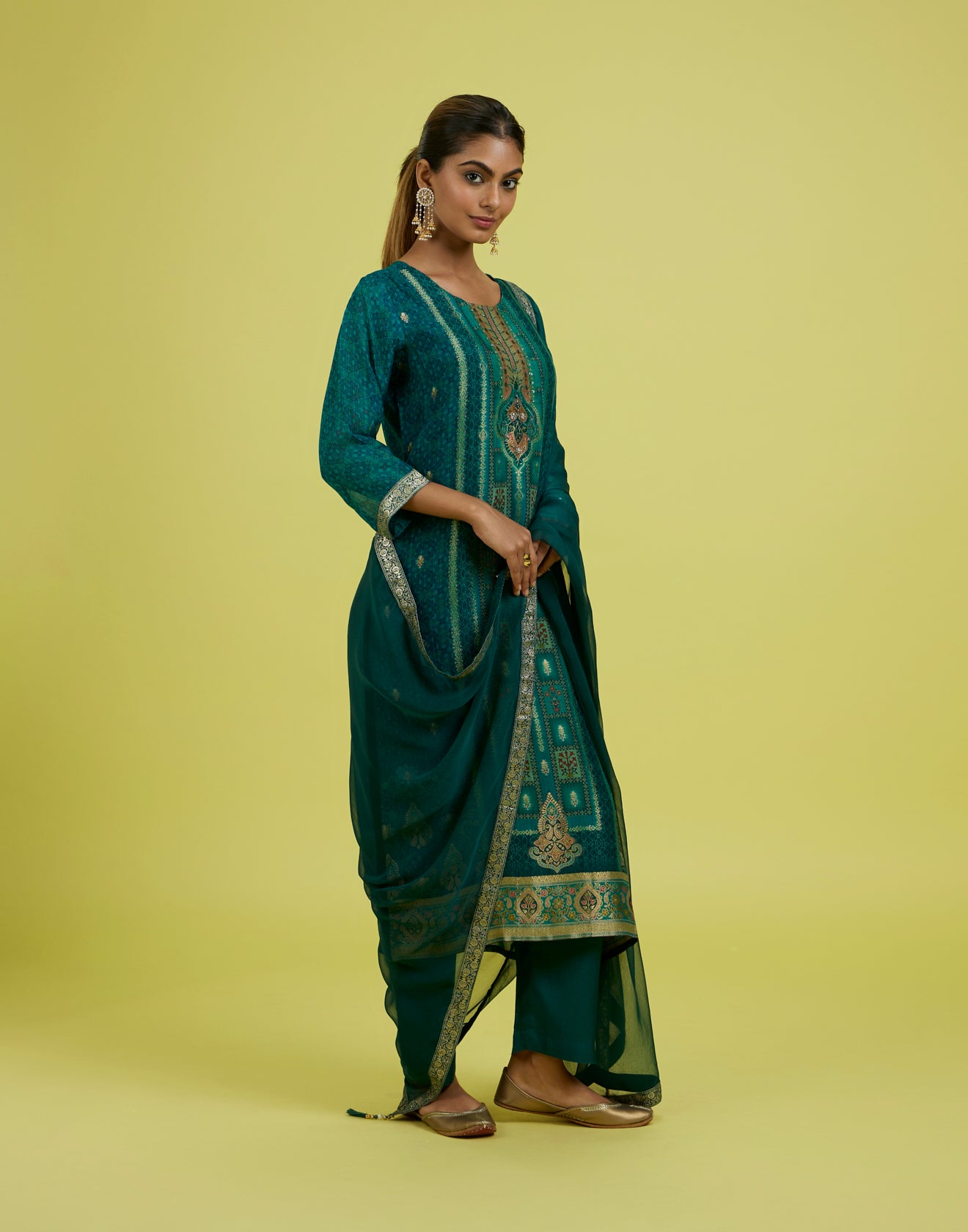 Charleston Green Printed Shimmer Silk Festive Kurta Set