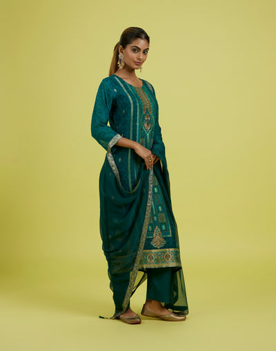 Charleston Green Printed Shimmer Silk Festive Kurta Set