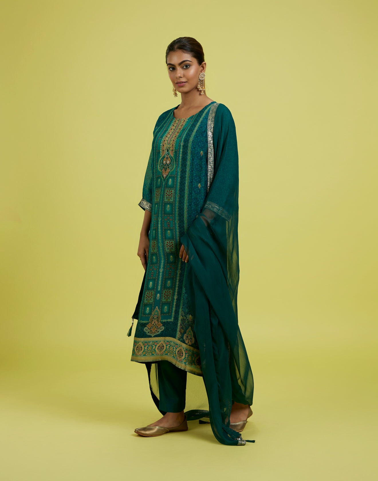 Charleston Green Printed Shimmer Silk Festive Kurta Set