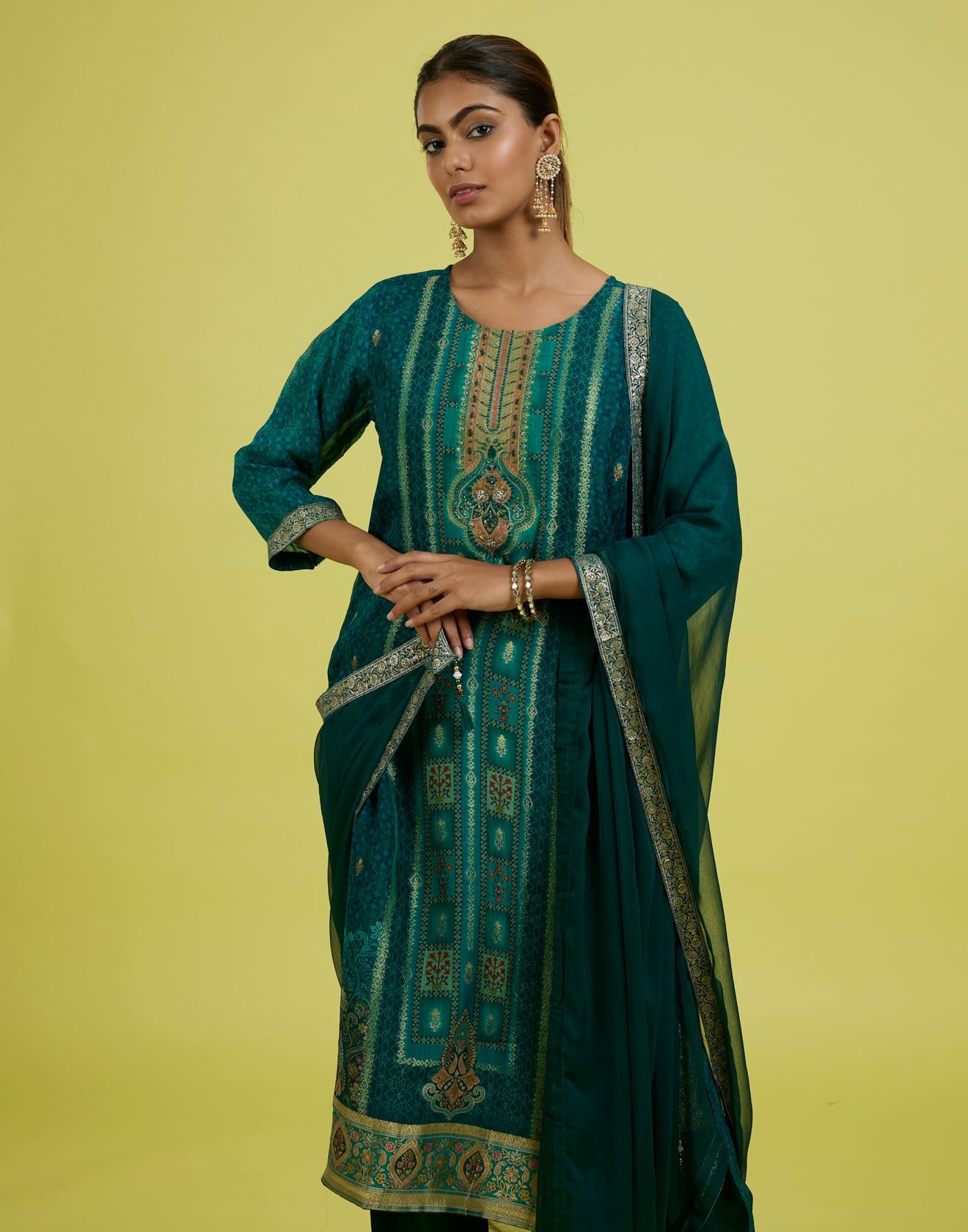 Charleston Green Printed Shimmer Silk Festive Kurta Set