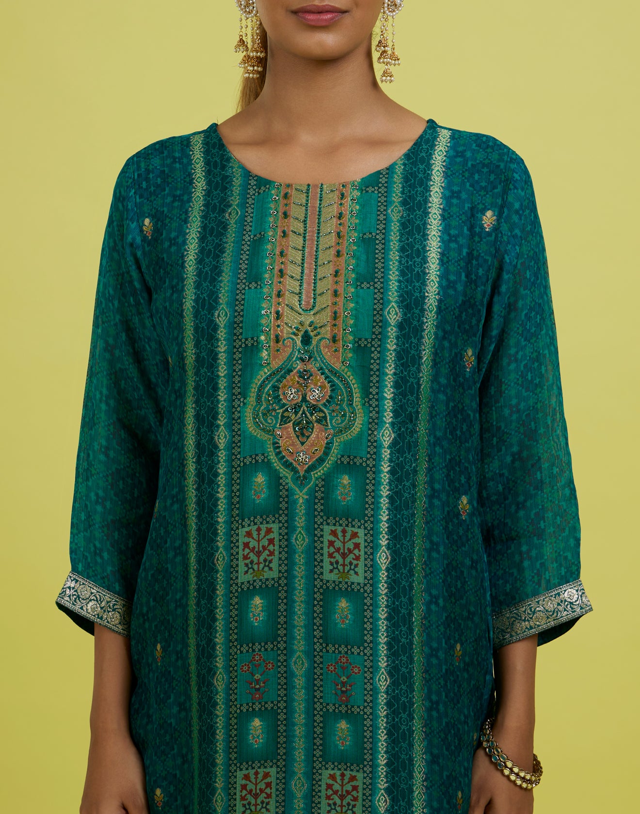 Charleston Green Printed Shimmer Silk Festive Kurta Set