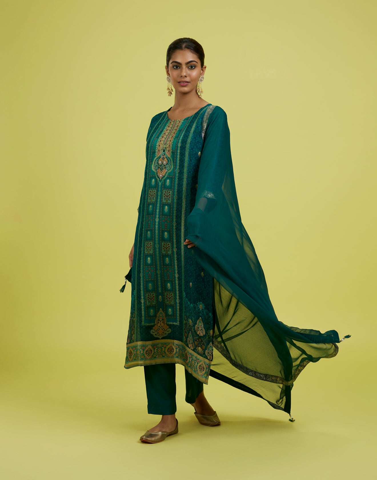 Charleston Green Printed Shimmer Silk Festive Kurta Set