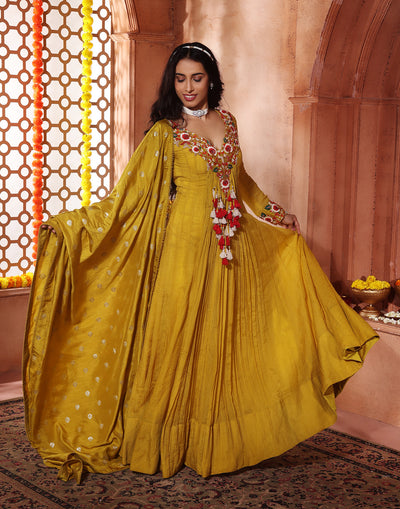 Chartreuse Embroidered Crush Silk Anarkali Set