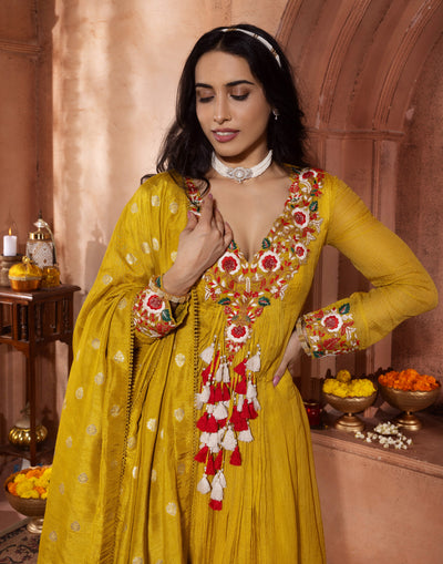 Chartreuse Embroidered Crush Silk Anarkali Set