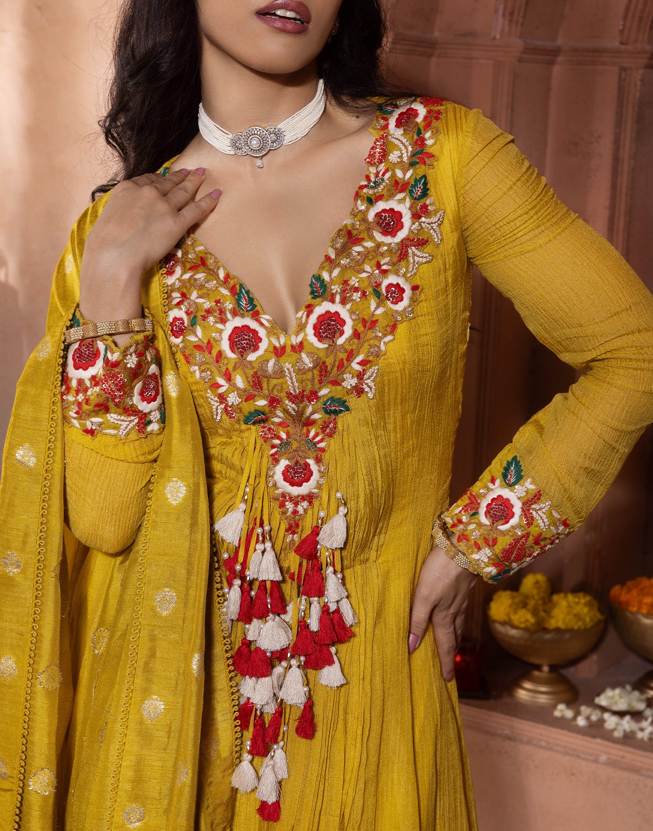 Chartreuse Embroidered Crush Silk Anarkali Set