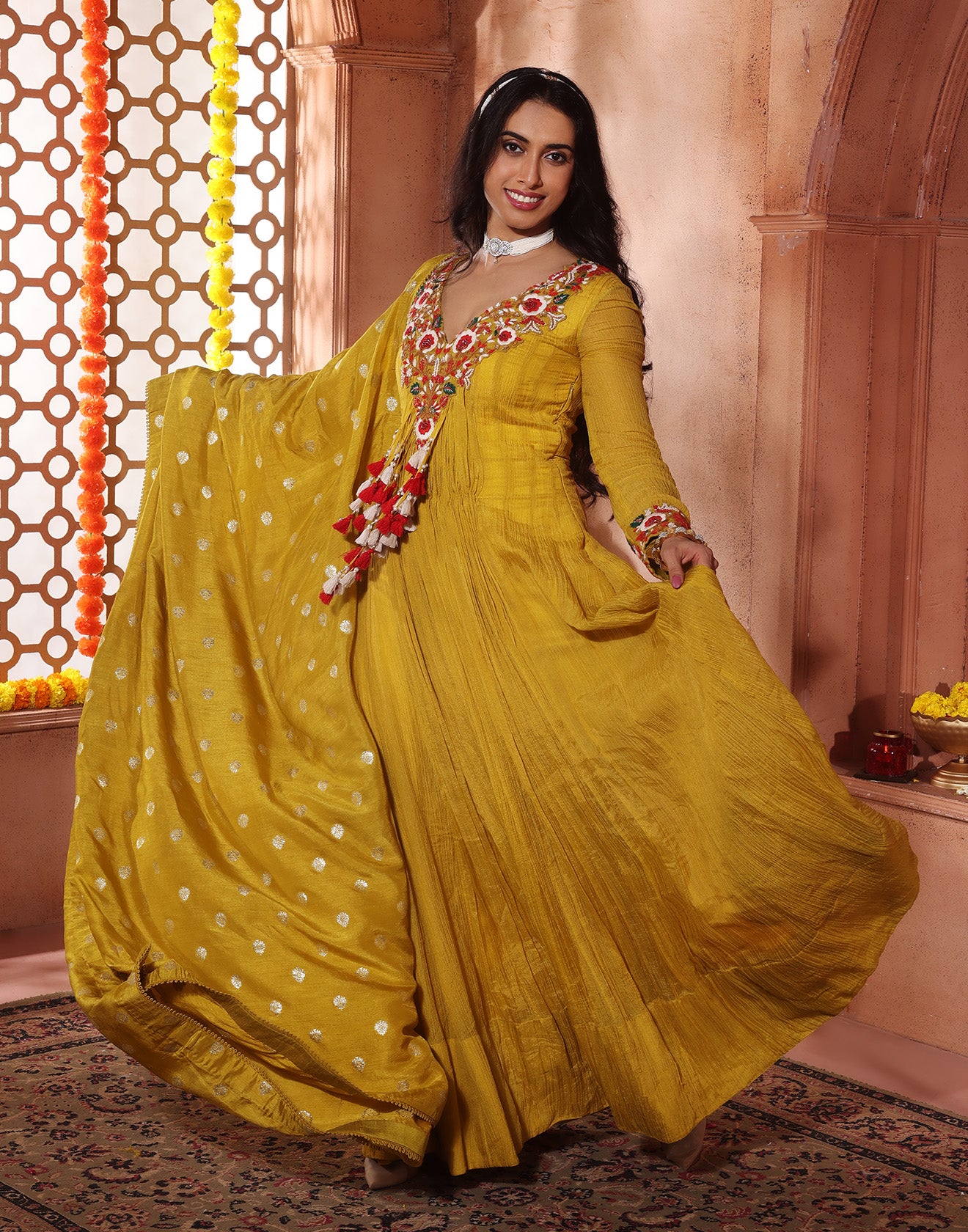 Chartreuse Embroidered Crush Silk Anarkali Set