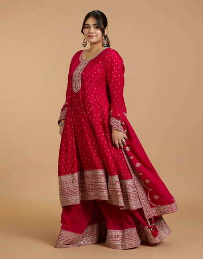 Buy Cherry Red Zari Embroidered Festive Sharara Suit