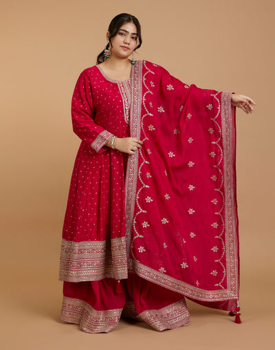 Buy Cherry Red Zari Embroidered Festive Sharara Suit