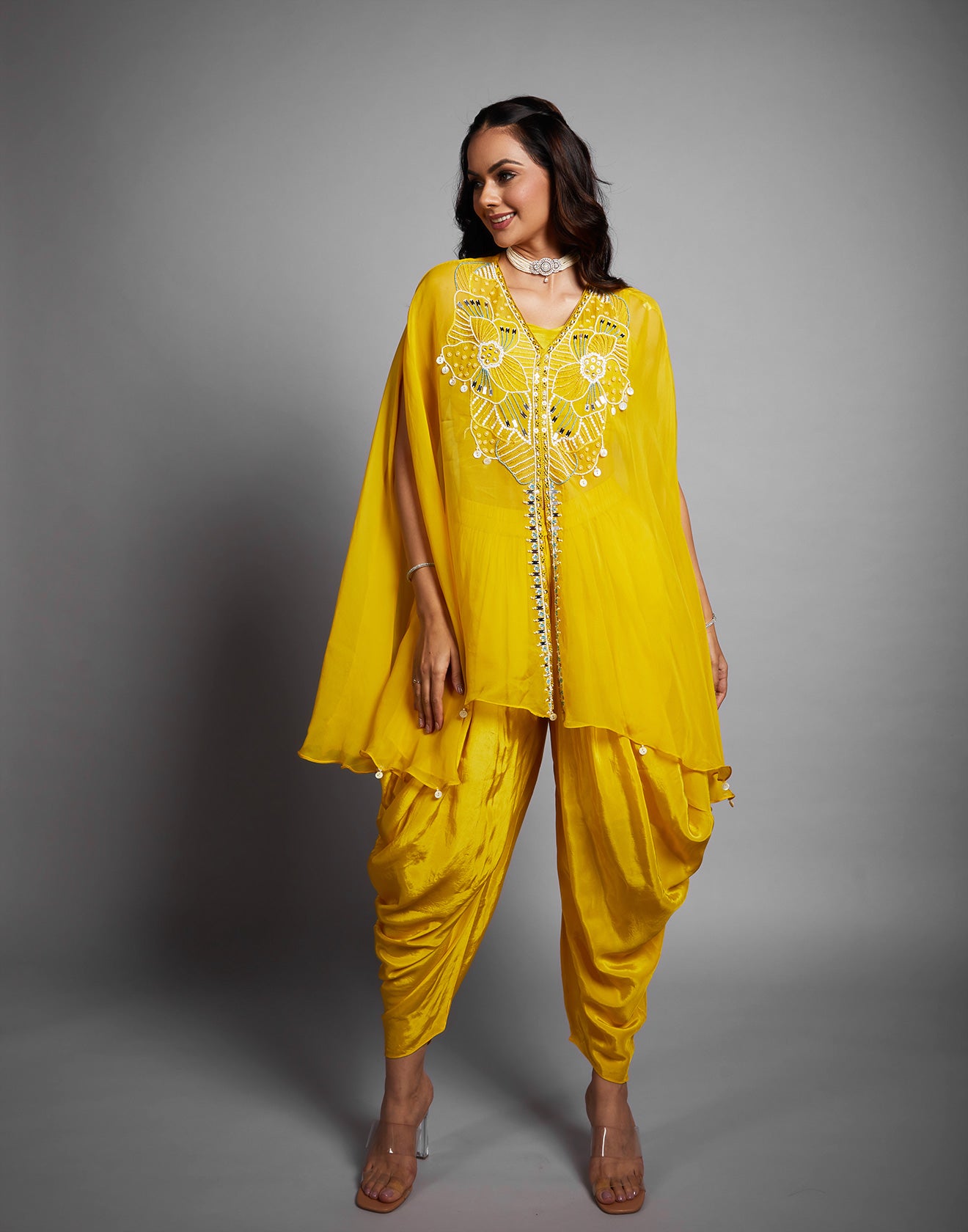 Chime Yellow Embellished Festive Fusion Cape Set