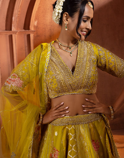 Citron Green Lotus Weave Brocade Lehenga Set