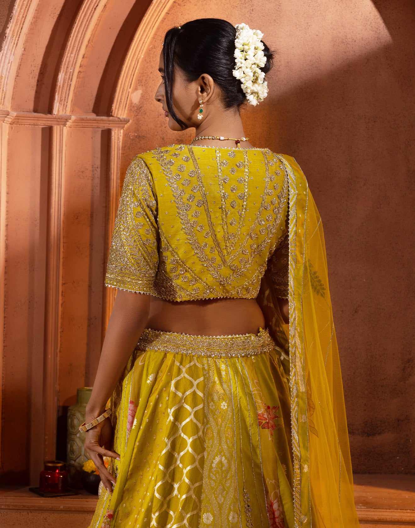 Citron Green Lotus Weave Brocade Lehenga Set