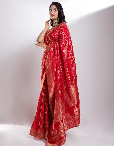Claret Red Floral Jaal Banarasi Silk Saree
