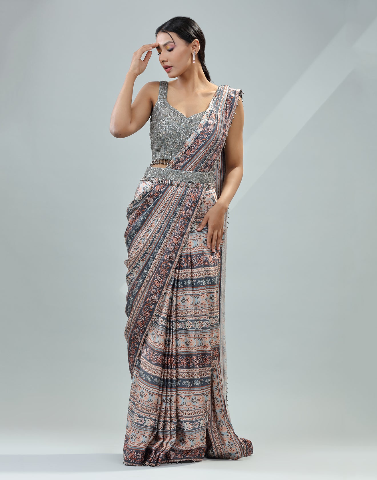 Classic Mocha Brown Pre-Stitched Saree With Embellished Blouse