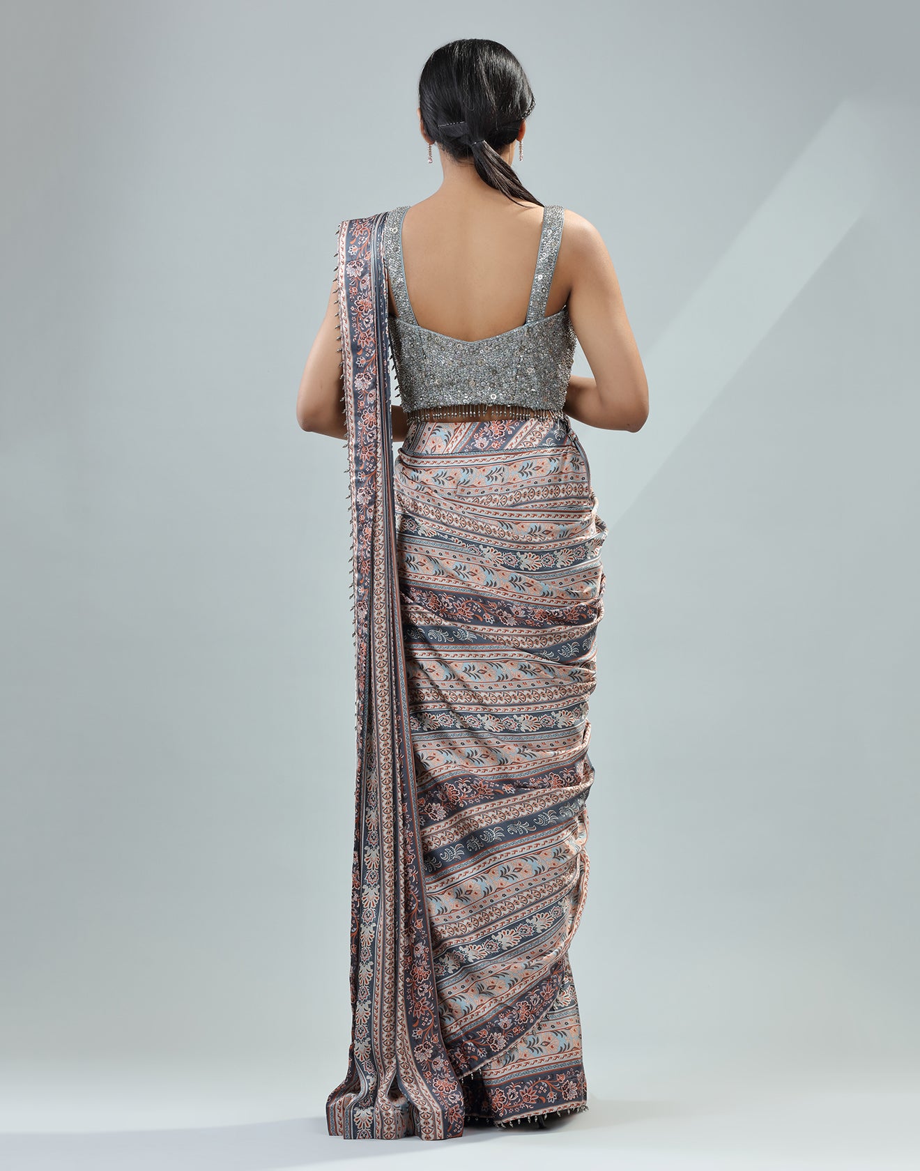 Classic Mocha Brown Pre-Stitched Saree With Embellished Blouse