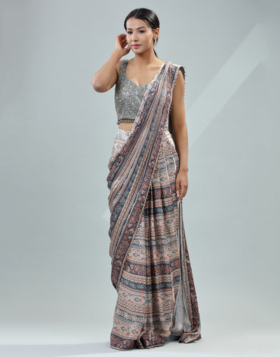 Classic Mocha Brown Pre-Stitched Saree With Embellished Blouse
