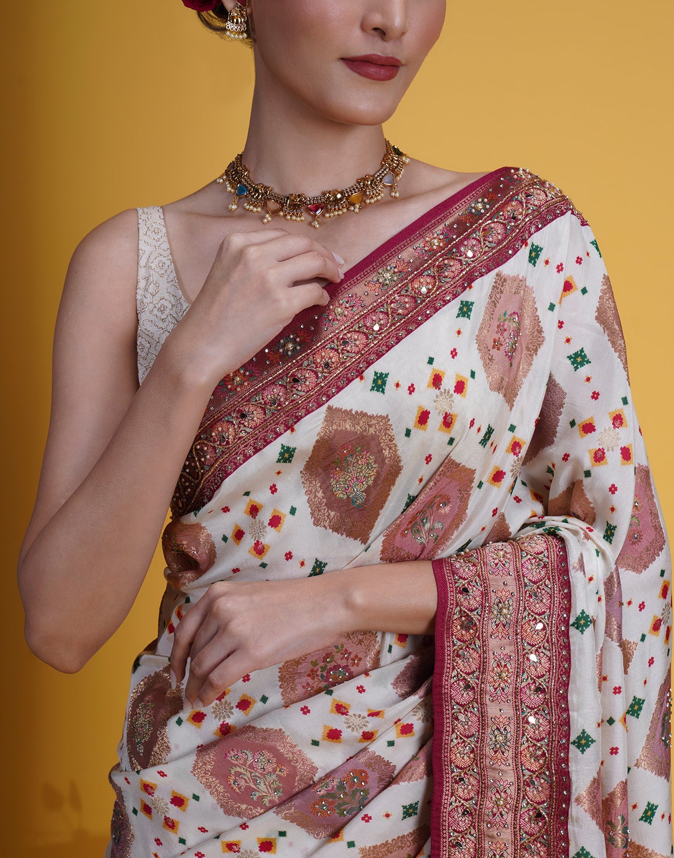 Classic White And Red Bandhej Silk Saree