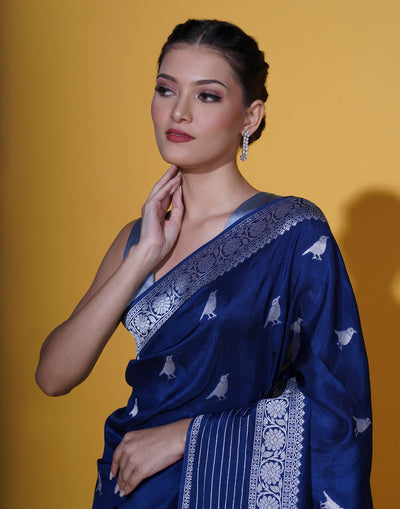 Cloudy Blue With Bird Woven Motif Silk Saree