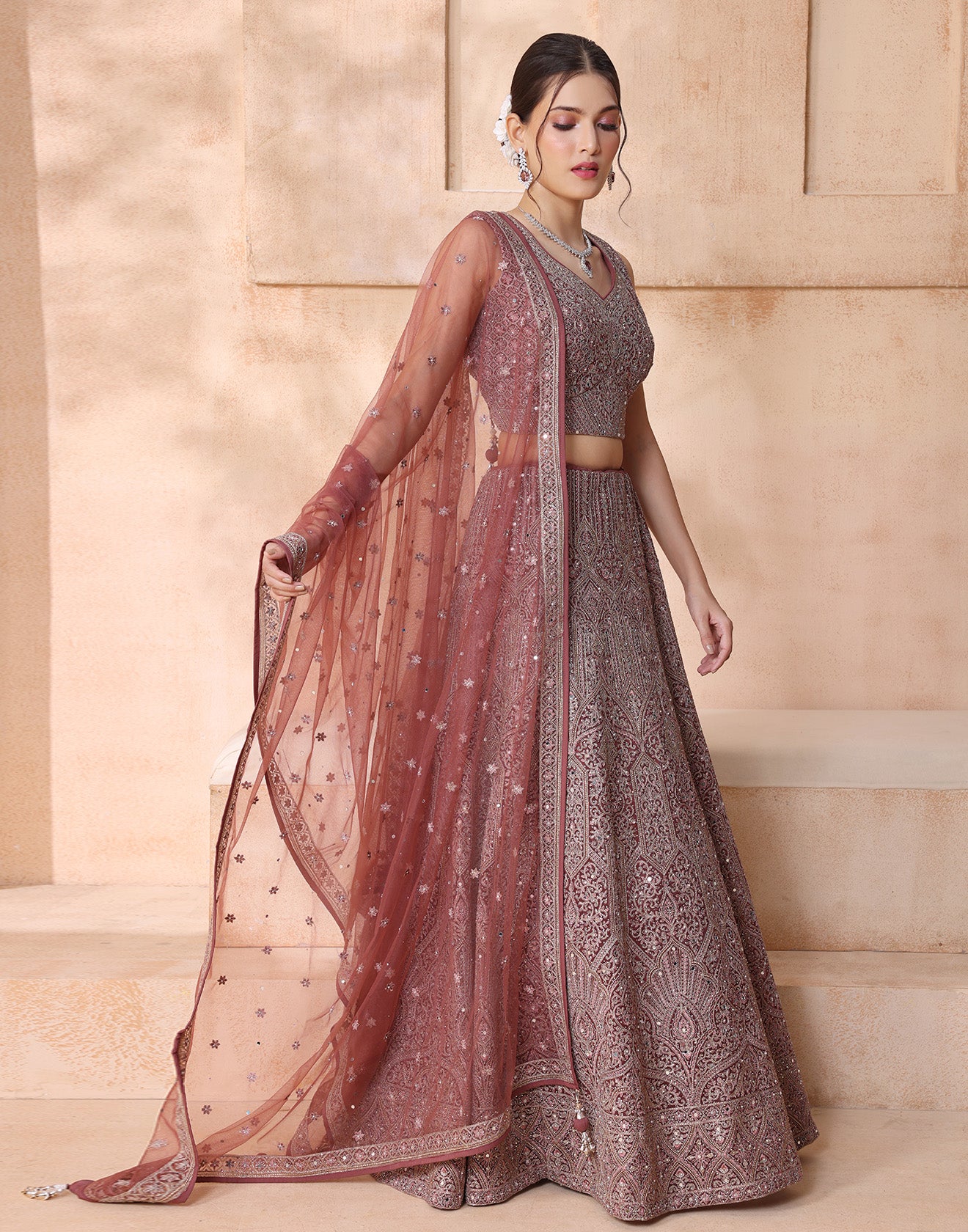 Copper Bloom Embellished Lehenga Set For Bride