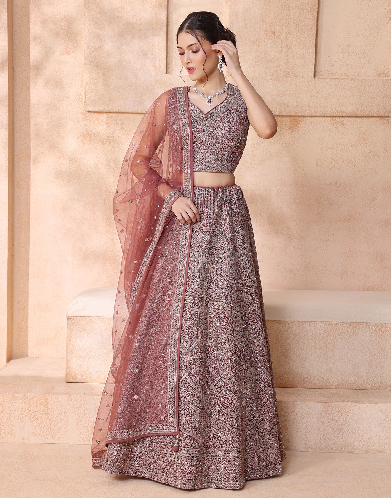 Copper Bloom Embellished Lehenga Set For Bride