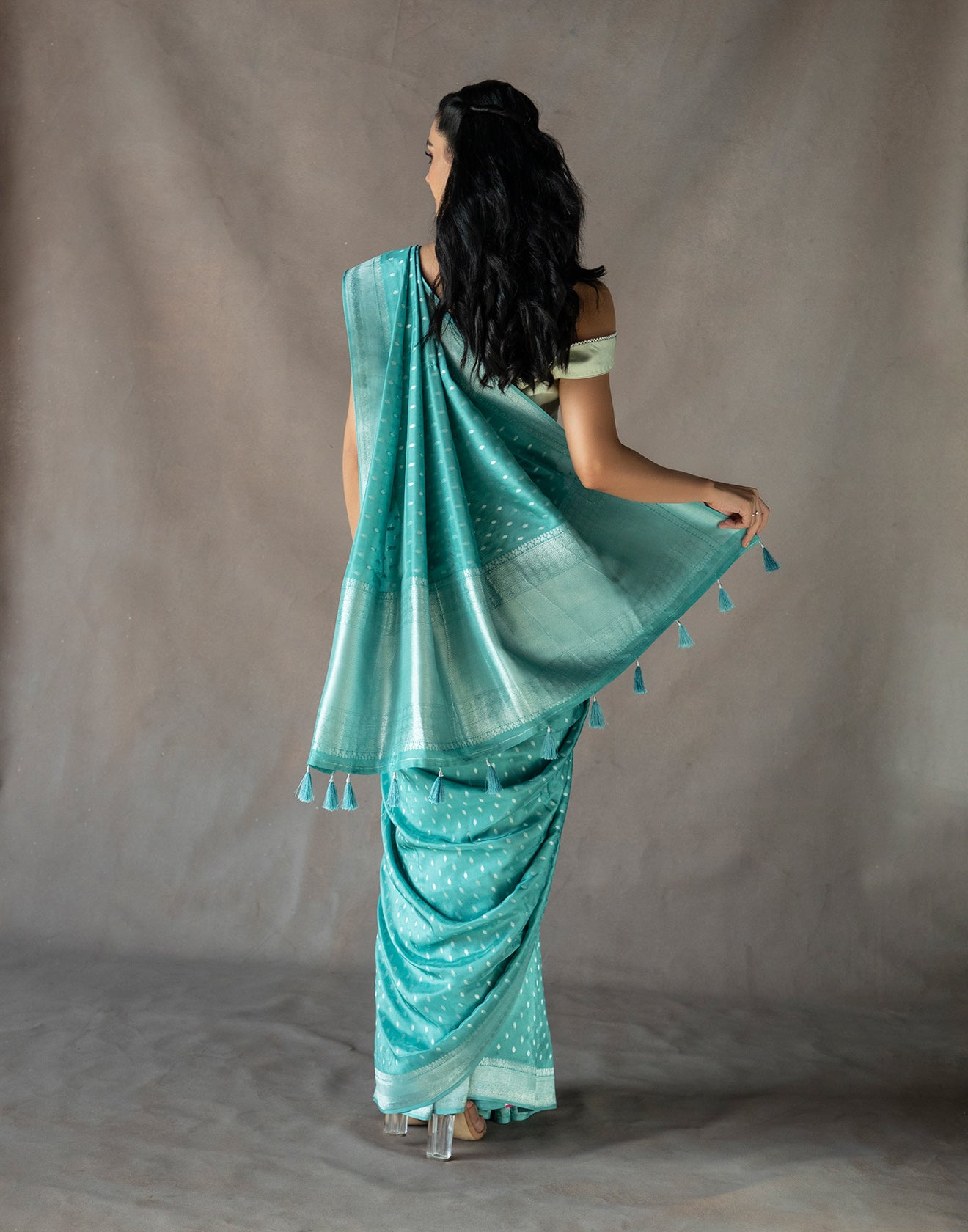 Coral Blue Woven Saree In Silver Weave