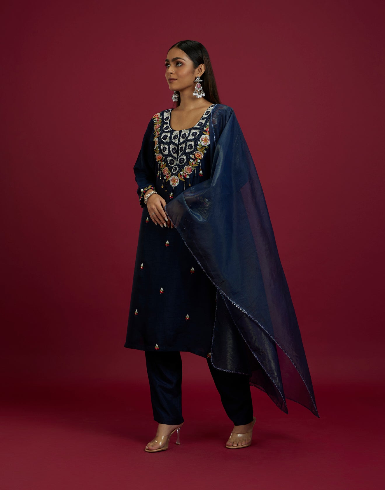 Cosmic Navy Festive Kurta Set With Multicolor Embroidery