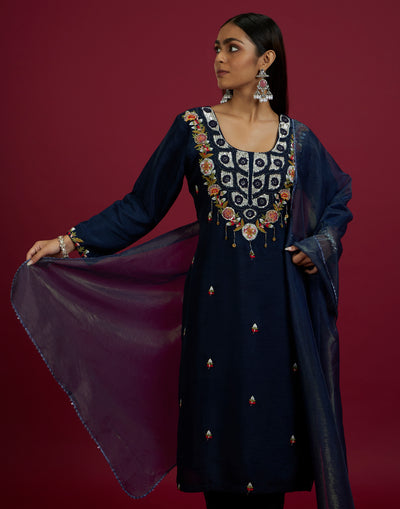 Cosmic Navy Festive Kurta Set With Multicolor Embroidery