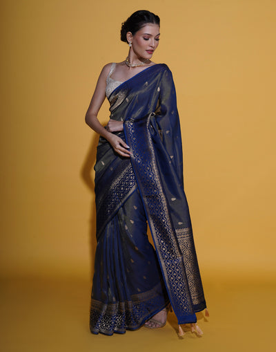 Cosmic Blue With Zari Butti Shimmer Silk Festive Saree