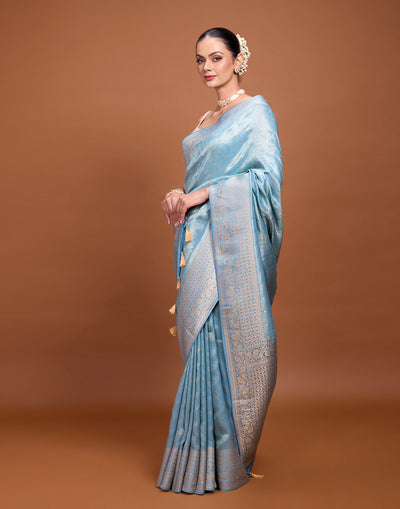 Cravel Grey Blue Festive Silk Saree