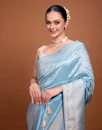 Cravel Grey Blue Festive Silk Saree