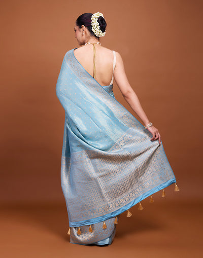 Cravel Grey Blue Festive Silk Saree