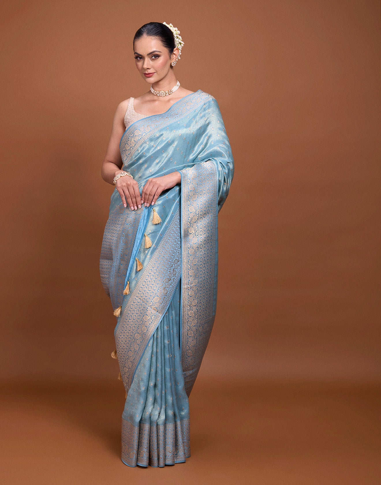 Cravel Grey Blue Festive Silk Saree