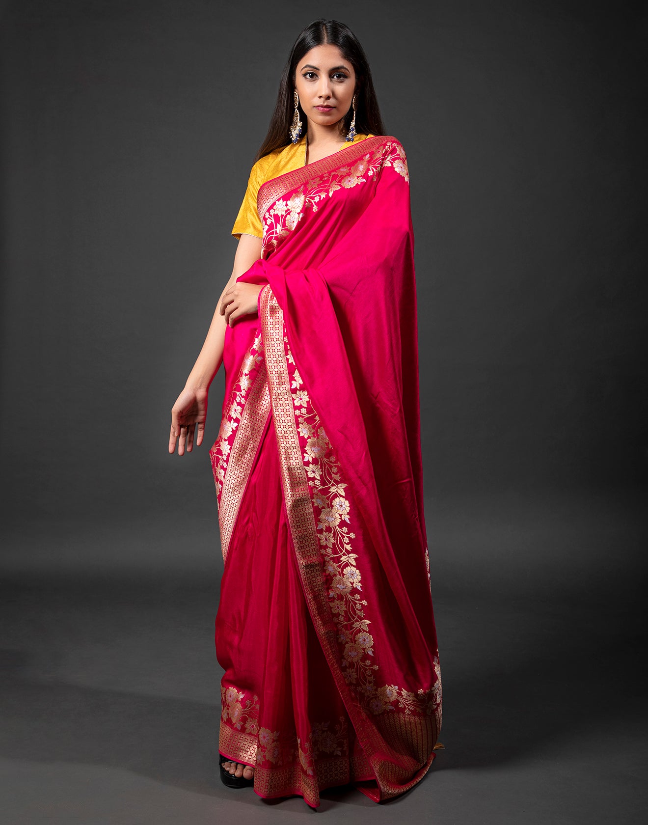 Crimson Red Saree In Dola Silk With Floral Buttas