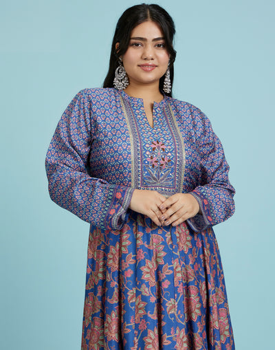 Daisy Blue Floral Printed & Hand Embroidered Yoke Kurti