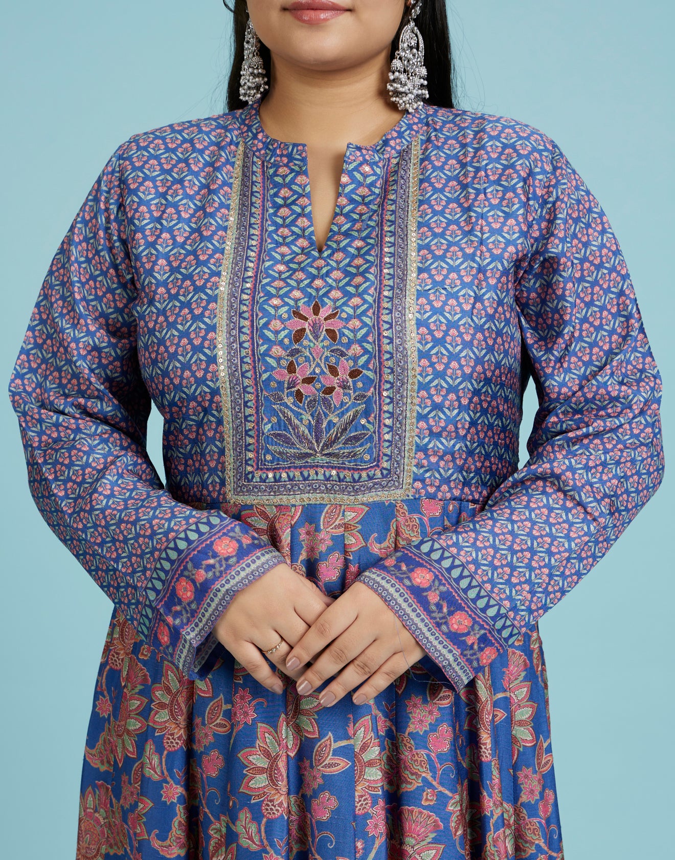 Daisy Blue Floral Printed & Hand Embroidered Yoke Kurti