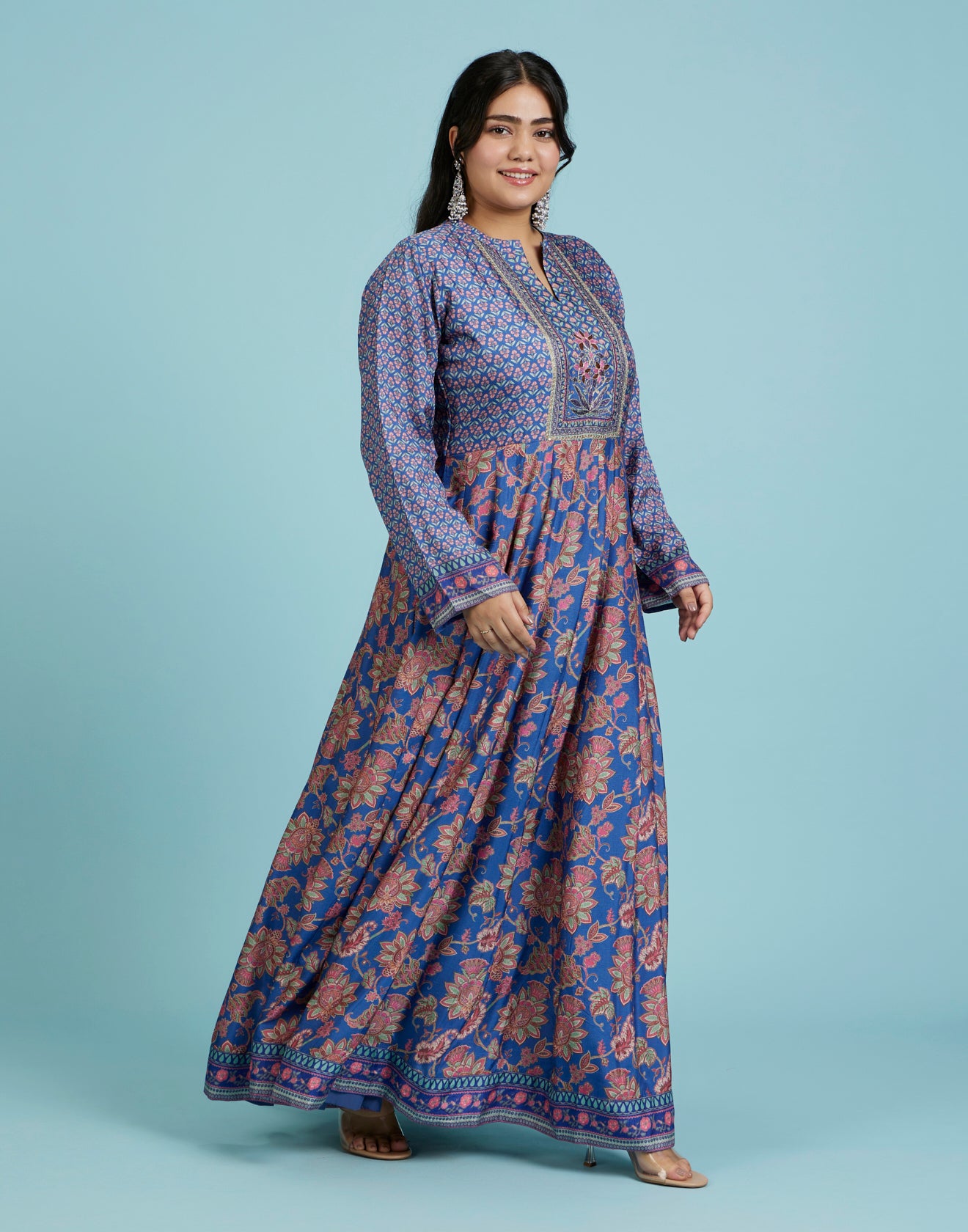 Daisy Blue Floral Printed & Hand Embroidered Yoke Kurti