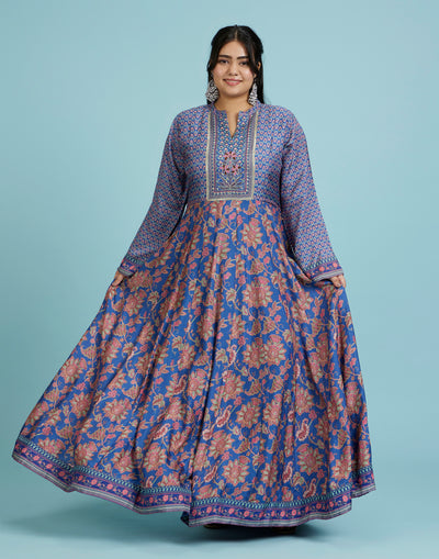 Daisy Blue Floral Printed & Hand Embroidered Yoke Kurti