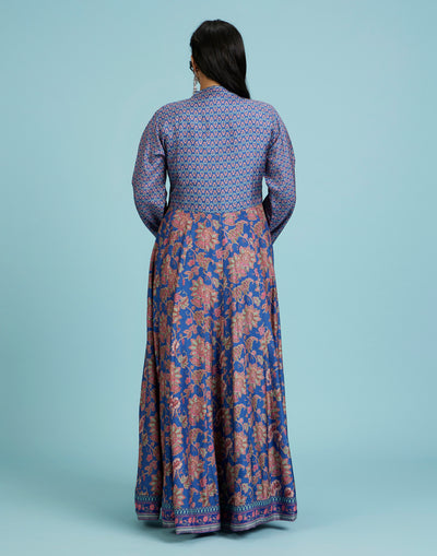 Daisy Blue Floral Printed & Hand Embroidered Yoke Kurti