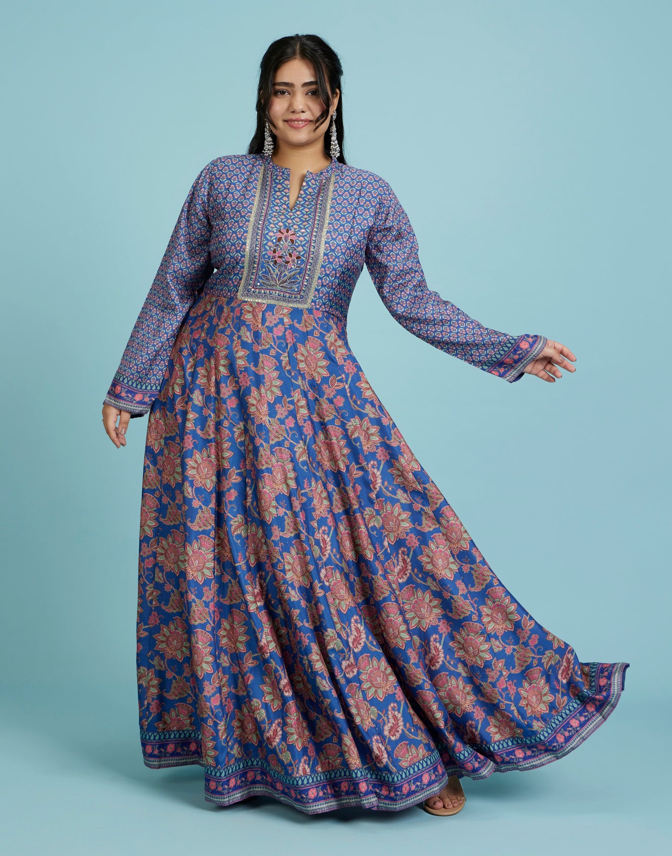 Daisy Blue Floral Printed & Hand Embroidered Yoke Kurti