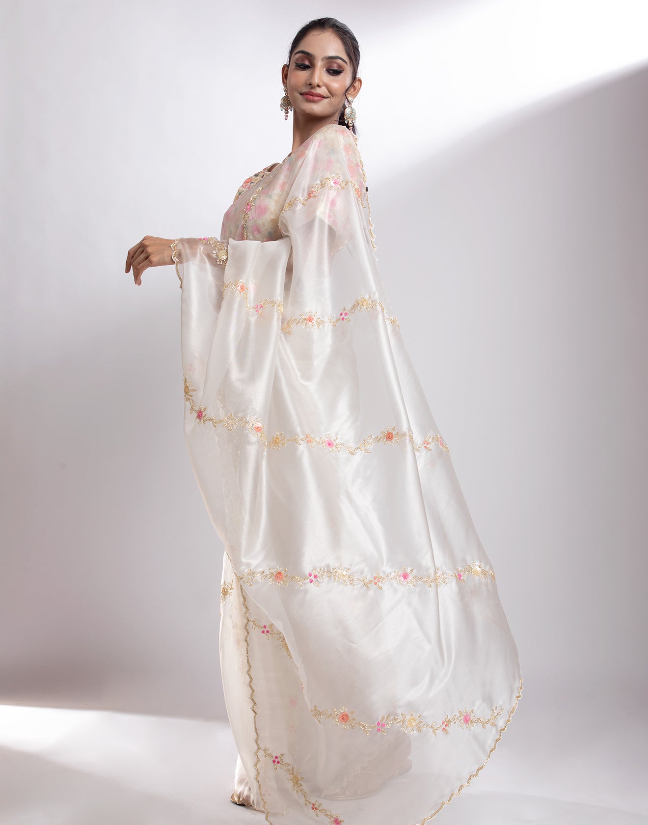 Buy Daisy White Embellished Organza Silk Saree Online