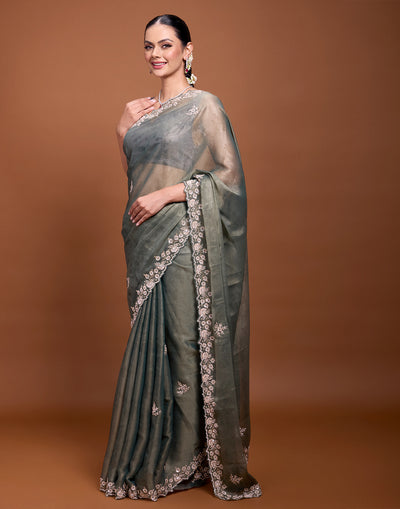 Dark Forest Green Self-Print Embellished Saree