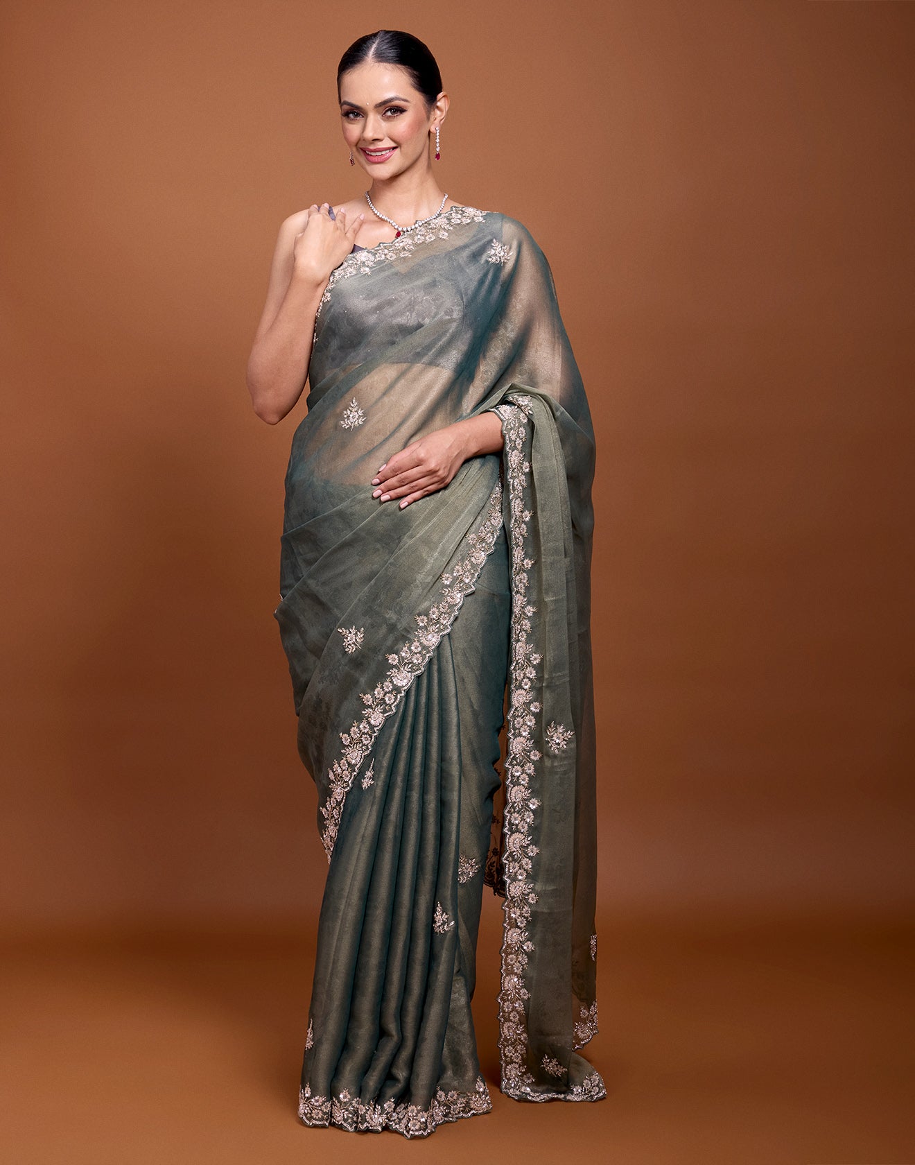 Dark Forest Green Self-Print Embellished Saree