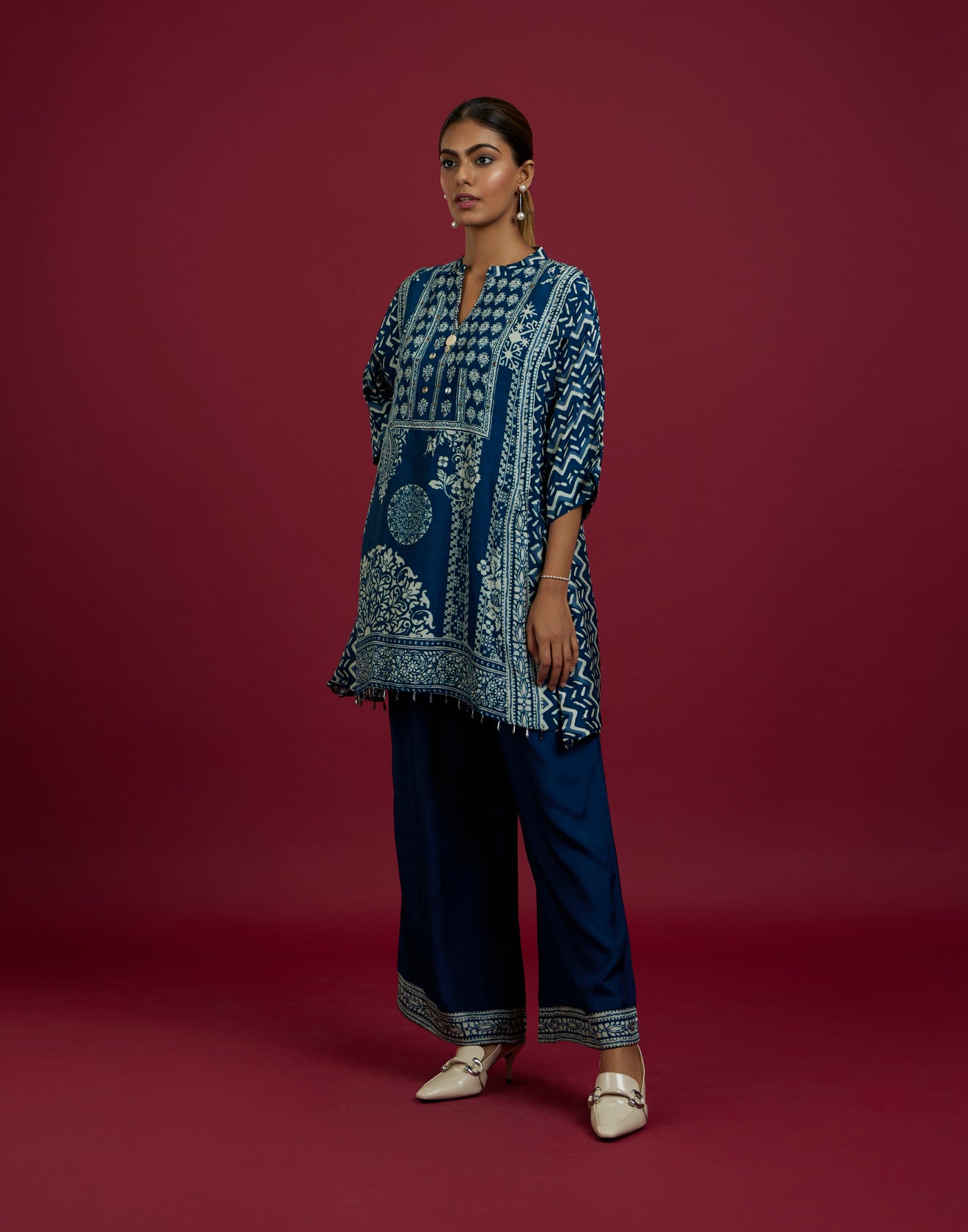 Dark Navy Blue Printed Kurta Set With Danglers