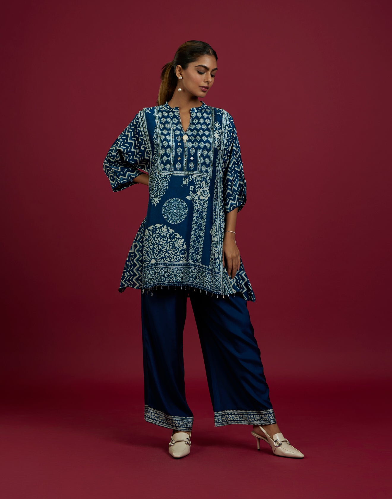 Dark Navy Blue Printed Kurta Set With Danglers