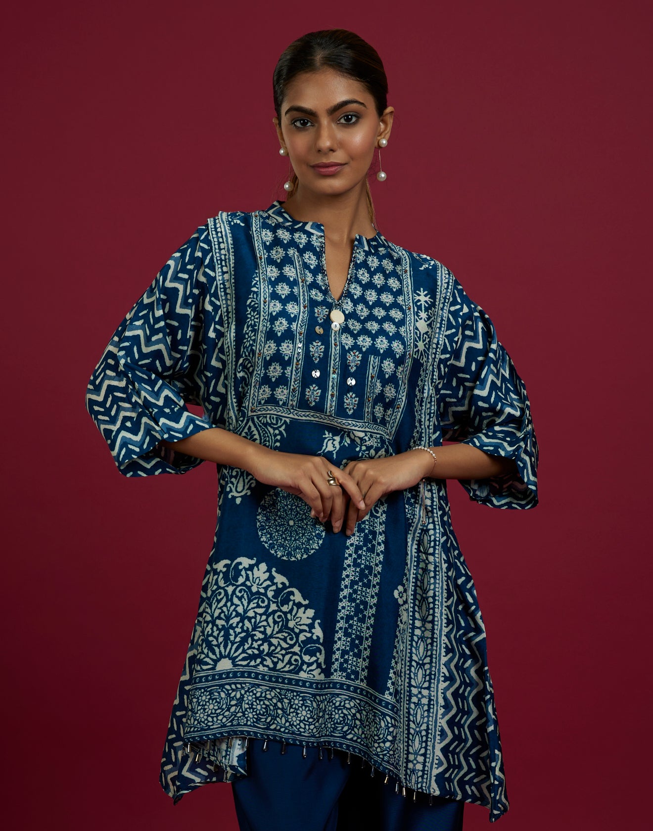 Dark Navy Blue Printed Kurta Set With Danglers