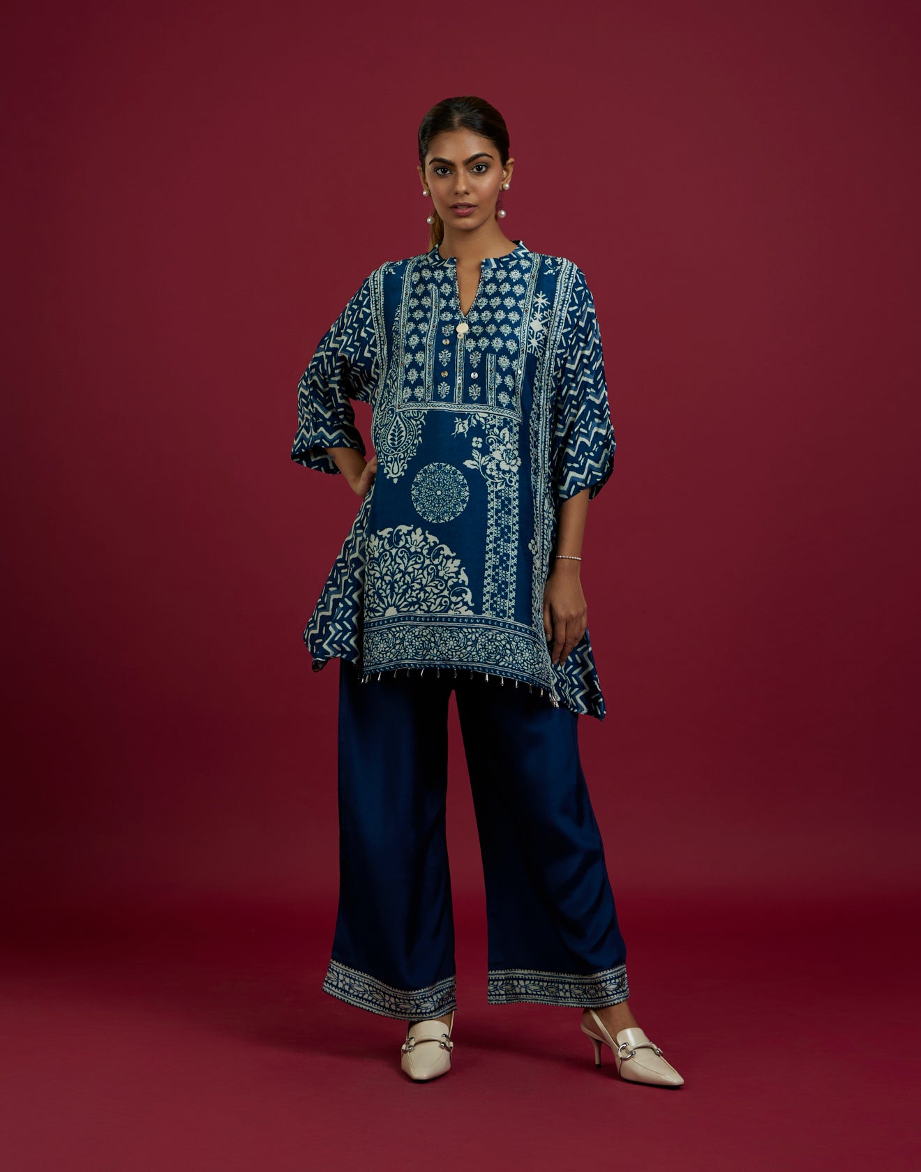 Dark Navy Blue Printed Kurta Set With Danglers