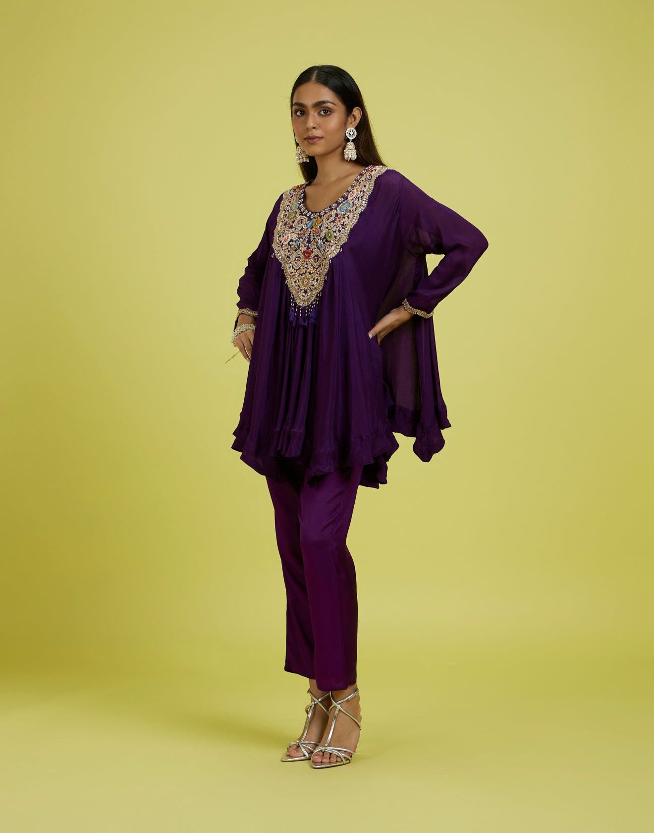 Dark Purple Embroidered Flared Co-Ord Kurta Set