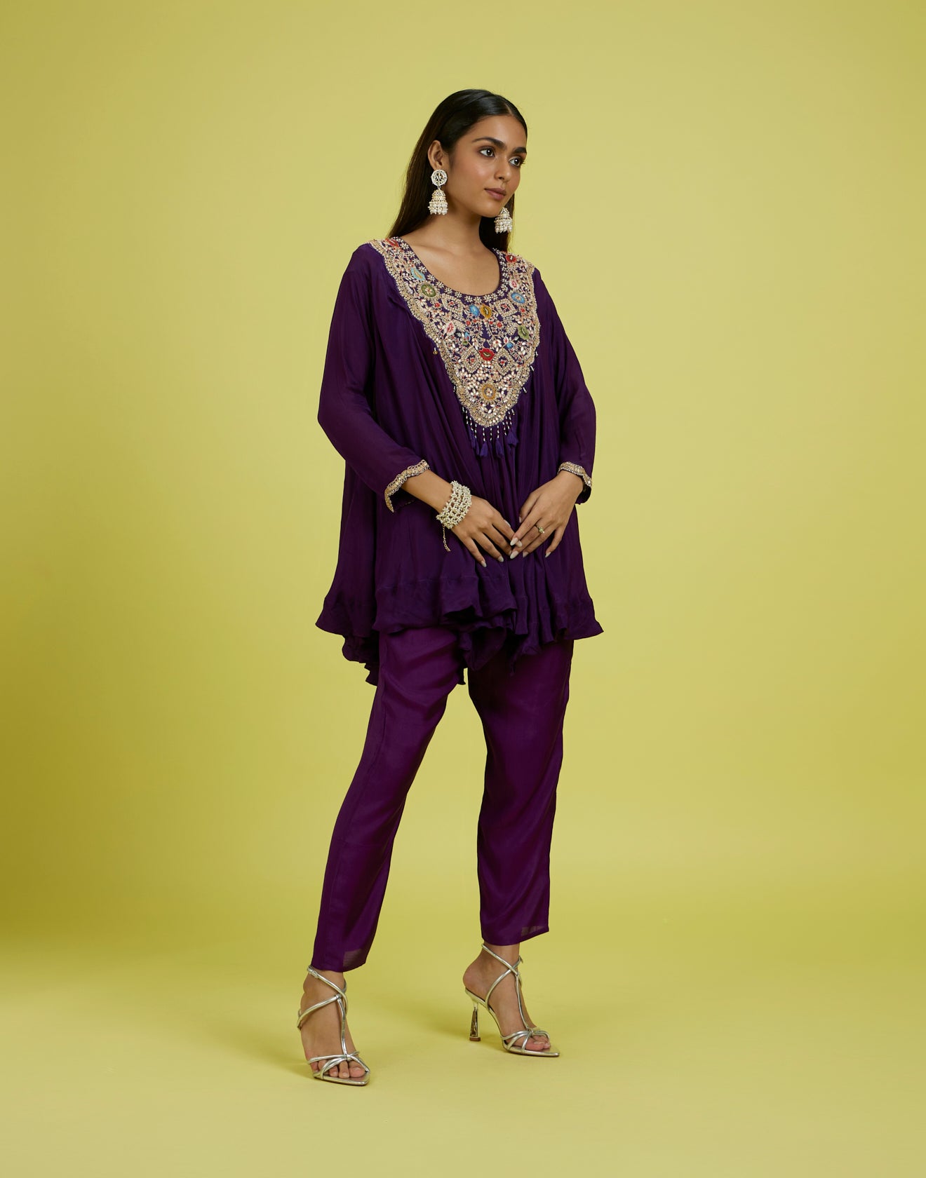 Dark Purple Embroidered Flared Co-Ord Kurta Set