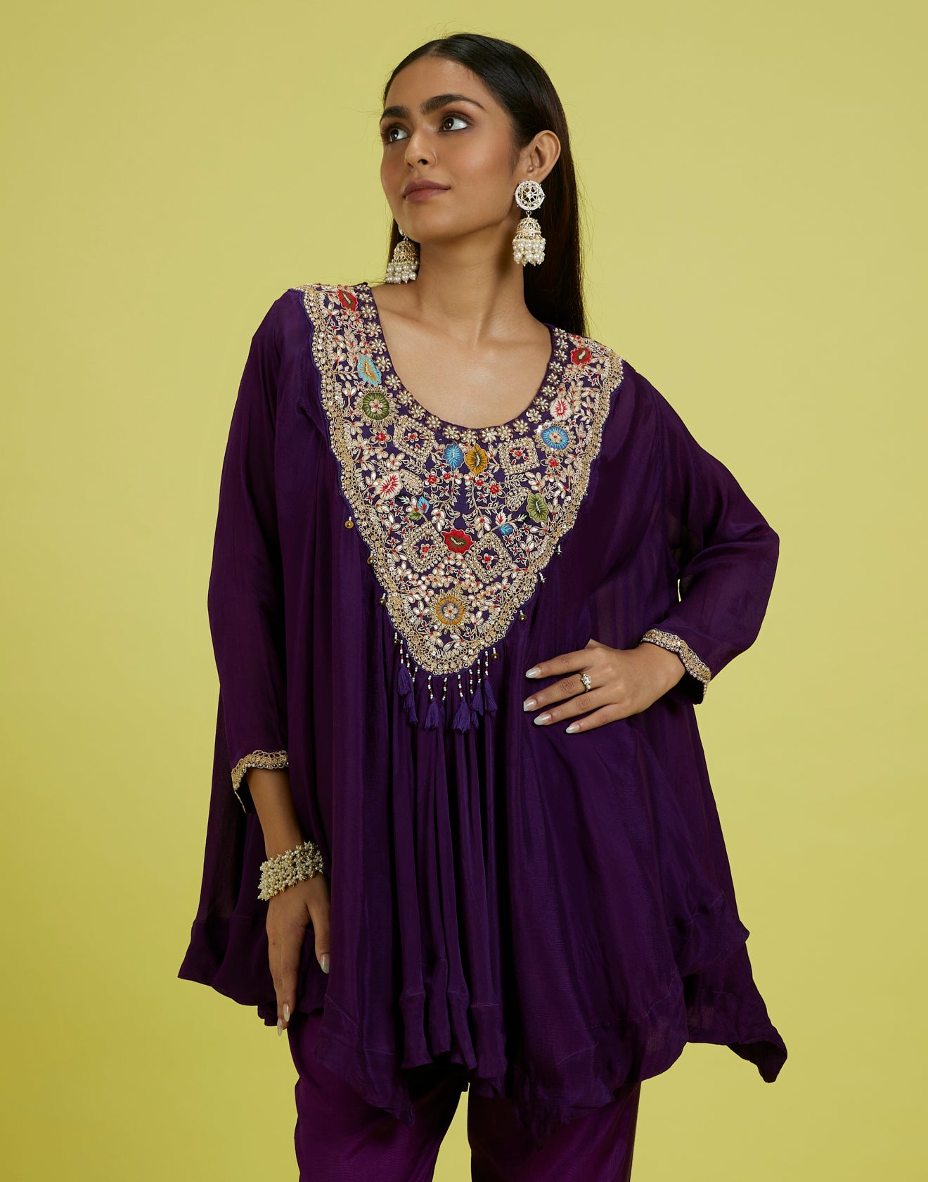 Dark Purple Embroidered Flared Co-Ord Kurta Set