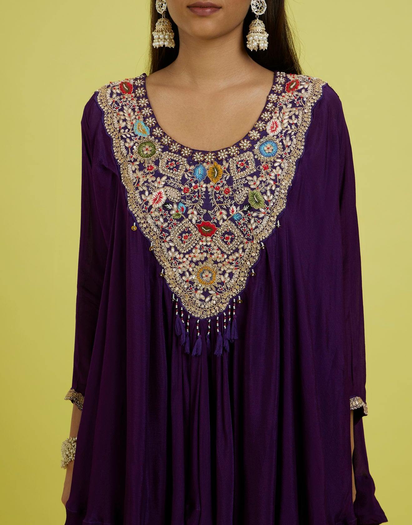 Dark Purple Embroidered Flared Co-Ord Kurta Set